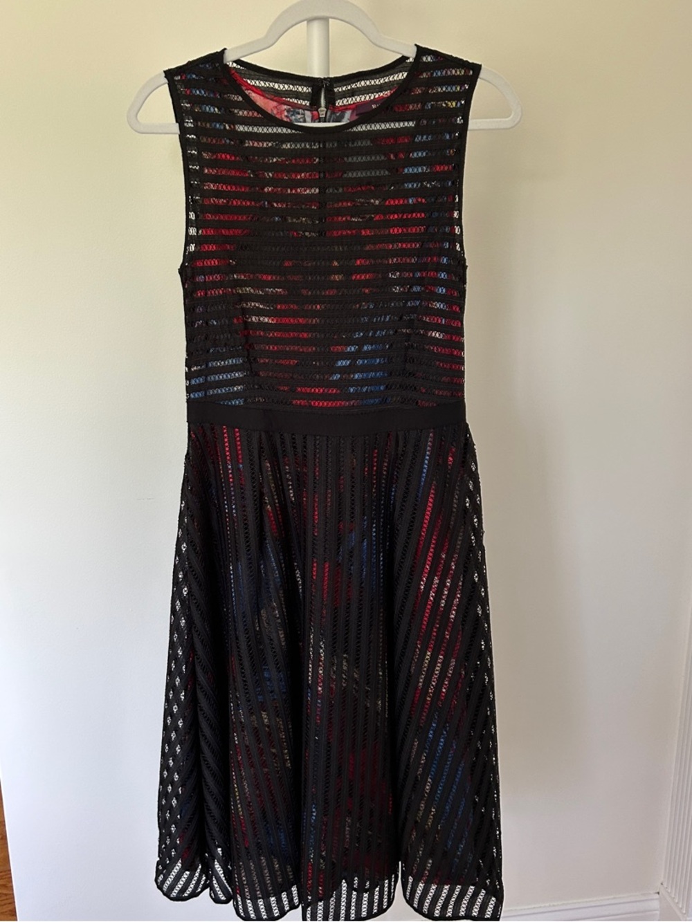 Women's Black Overlay Fit-and-Flare Dress with Red & Blue Underlay